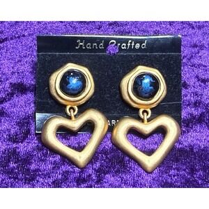 Vtg Heart Dangle Earrings Matte Gold Tone Marble Blue Clip Mogul Etruscan